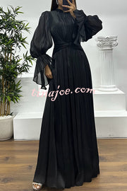 Ellah Shiny Fabric Chinese Stand Collar Twist Waist Balloon Sleeve Maxi Dress
