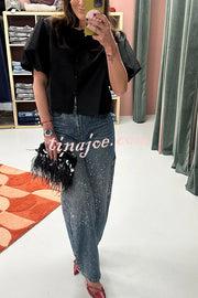 Fashionable Rhinestone Mid-rise Loose Pocket Straight Jeans