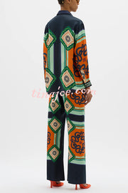 Vacation Times Satin Unique Print Elastic Waist Pocketed Wide Leg Pants