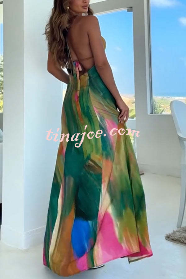 Andie Splash Ink Printed Cutout Back Tie-up Slit Vacation Maxi Dress