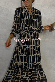 Unique Printed V-neck Tie-up Waist Long-sleeve Maxi Dress