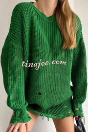 Solid Color Loose Ripped Knitted Mid-length Sweater