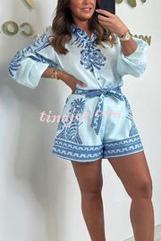 Linen Blend Unique Print Puff Sleeve Shirt and Waist Tie Loose Shorts Set