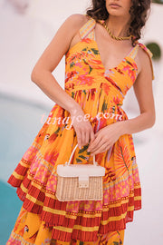 Tropical Sunset Unique Print Pleated Tie-up Straps Tiered Midi Dress