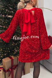 Velvet Sequin Back Bow Bell Sleeves Loose Mini Dress