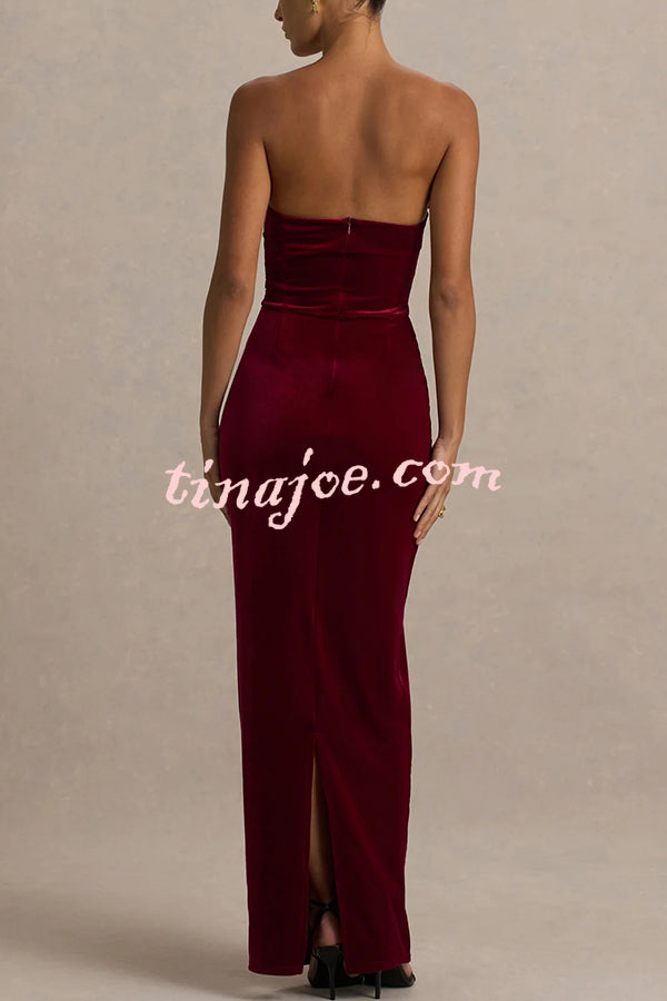Illusion Velvet Bandeau neck Bow detail Stretch Maxi Dress