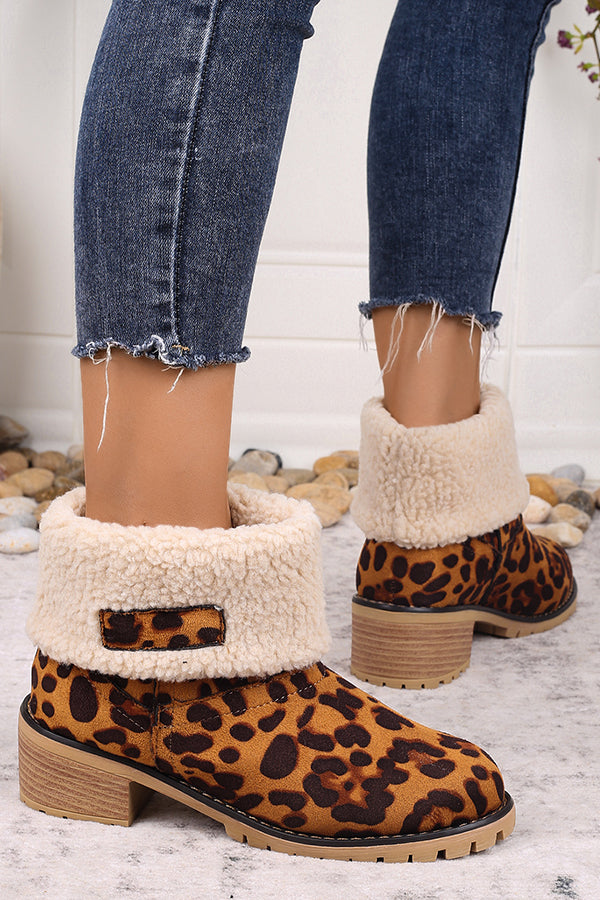 Leopard Print Thick Heel Warm Mid-calf Snow Shoes