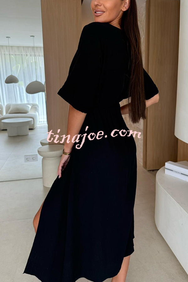 Linen Blend Solid Color V-neck Short Sleeve Waist Loose Slit Midi Dress