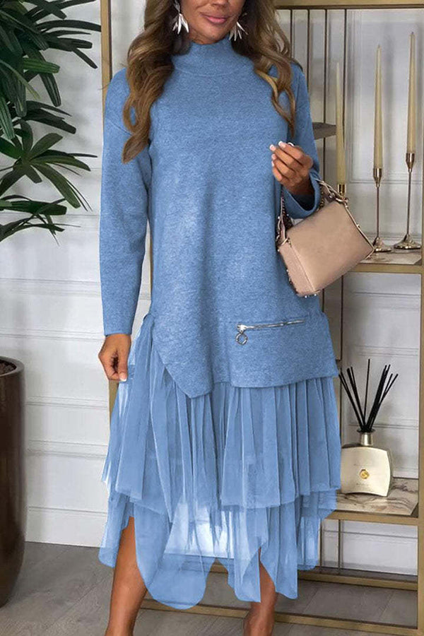 Taylor Knit Turtleneck Zip-up Top and Elastic Waist Tulle Loose Midi Skirt Set