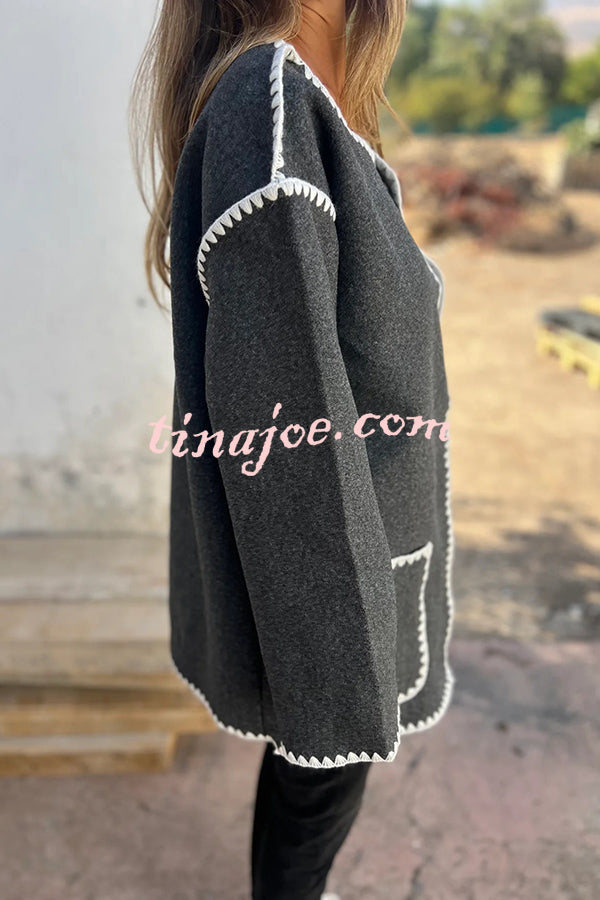 Stylish Loose Pocket Long Sleeve Coat and Warm Fringed Scarf