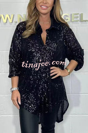 Party Season Solid Color Sequin Button Long Sleeve High Low Shirt