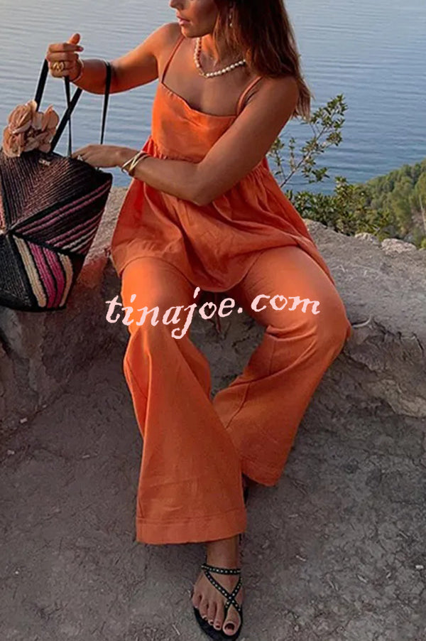 Solid Color Casual Suspender Loose Top and Elastic Waist Wide Leg Pants Set