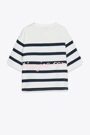 Logbook Stripe Button Shoulder T-Shirt and High-Rise Pocketed Loose  Shorts Set