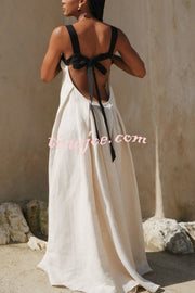 Jordina Linen Blend Colorblock Cups Backless Tie-up Loose Maxi Dress