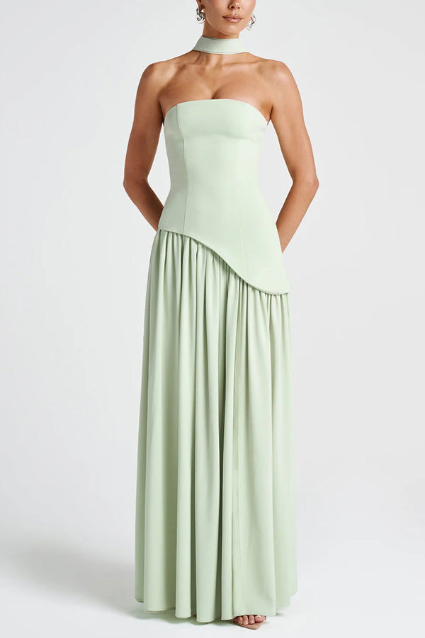 Elegant Off Shopulder Chiffon Pleated Hem Scarf Slit Maxi Dress