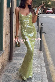Fashionable Sequined Sexy Open Back Slim Maxi Dress