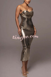 Visions of You Metallic Fabric Cowl Neck Removable Straps Stretch Midi Dress