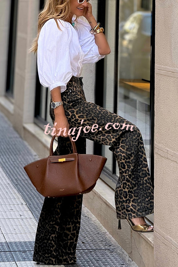 Wild Feel Denim Leopard Print High Rise Wide Leg Pocketed Jeans