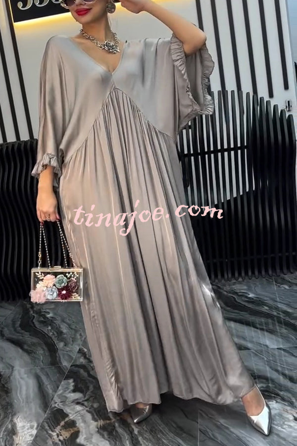 Satin Solid Color V-neck Lotus Leaf Sleeve Loose Pleated Maxi Dress