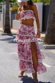 Dakota Floral Lace Trim Crop Tube Top and Layered Slit Maxi Skirt Set
