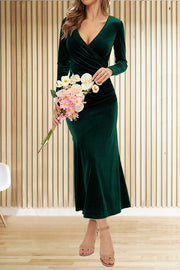 Solid Color Velvet Long Sleeve V-neck Slim Fit Fishtail Maxi Dress