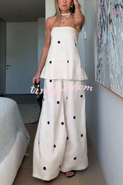 Linen Blend Polka Dot Bandeau Top and Elastic Waist Pocket Wide Leg Pants Set