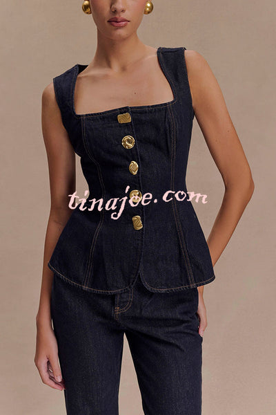 Stassi Denim Square Neck Unique Button Up Princess Seams Vest Top