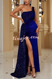 Taylor Sequin Velvet Patchwork One Shoulder Ruched Slit Prom Maxi Dress