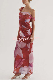 Drama Elegance Mesh Floral One Shoulder Ruched Stretch Maxi Dress