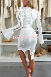 Career Beauty Lace Paneled Long Bell Sleeve Crop Top and High Rise Mini Skirt Set