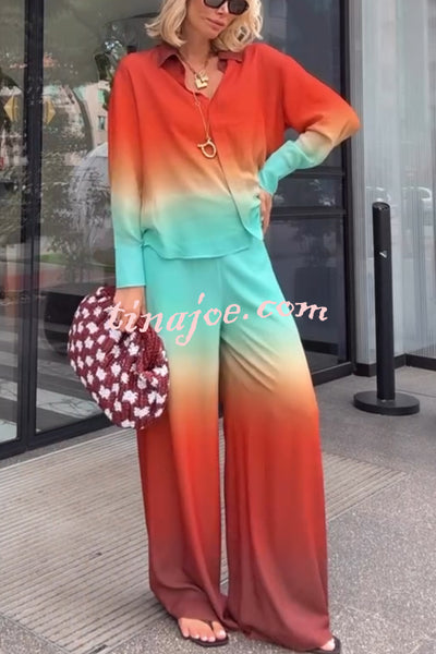 Neon Sunset Gradient Print Long Sleeve High Low Hem Blouse and Elastic Waist Loose Pants Set