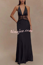 Seductive Details Satin Lace Waist Halter Tie-up Backless Maxi Dress