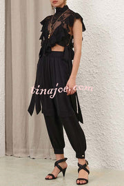 Esella Satin Gathered Waist Pocket Button Ankle Cuffs Harem Pant