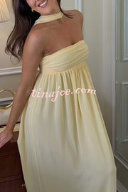 Butter Yellow Ruched Bust Off Shoulder Scarf A-line Maxi Dress