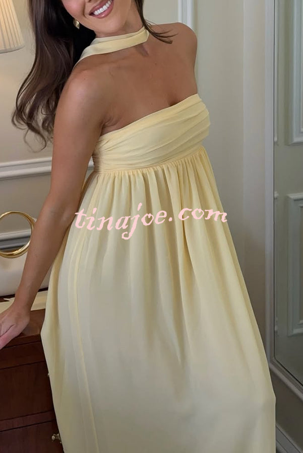 Butter Yellow Ruched Bust Off Shoulder Scarf A-line Maxi Dress