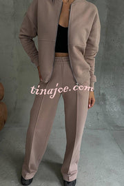 Solid Color Casual Long Sleeve Zipper Jacket and Elastic Waist Pocket Wide Leg Pants Set