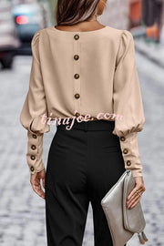 Long Sleeve Back Button Solid Color Casual Top