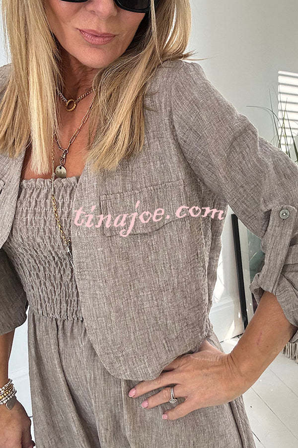 Solid Color Casual Short Jacket and Suspender Pleated Maxi Dress Set