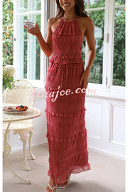 Feel Chic and Romantic Sequin Textured Material Drawstring Waist Tiered Maxi Skirt