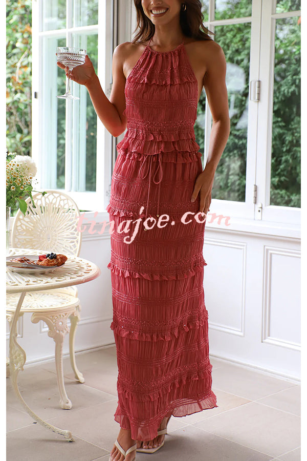 Feel Chic and Romantic Sequin Textured Material Drawstring Waist Tiered Maxi Skirt