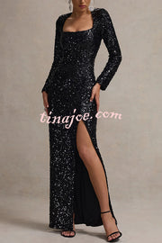 My Dream Sequin Square Neck Long Sleeves Slit Maxi Dress