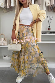 Summer Lemon Print Elastic Waist Tulle Holiday Midi Skirt