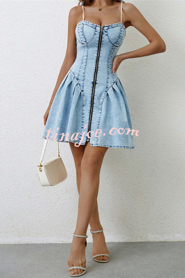 Fashionable Patchwork Suspender Zipper Slim Denim Mini Dress