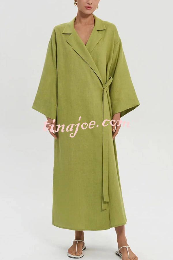 Linen Blend Solid Color Casual Lapel Tie Loose Maxi Dress