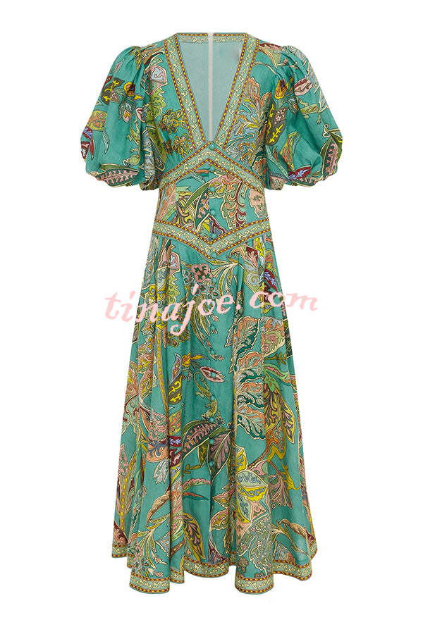 Chic Vacation Linen Blend Unique Print Button Puff Sleeve Pocket Maxi Dress