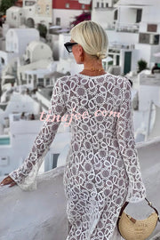 Santorini Sunset Floral Lace Long Sleeve Slit Vacation Maxi Dress