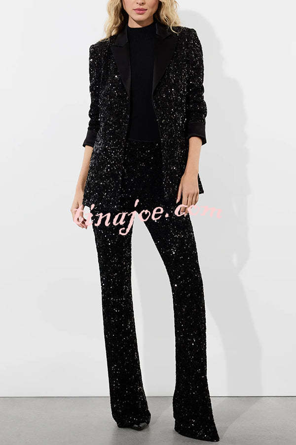 Sparkle Season Sequin Satin Long Sleeve Lapel Formal Party Blazer