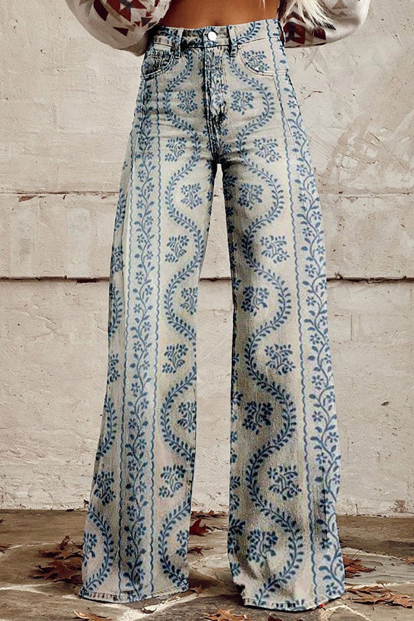 Beautiful Unique Print Button Pocket Wide Leg Pants