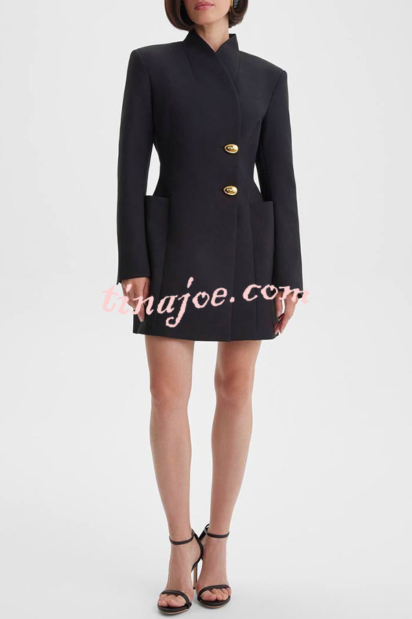 Kayleen Stand V-neck Decorative Metal Button Long Sleeve Pocket Blazer Mini Dress