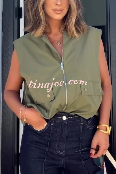 Fashion Zipper Sleeveless Pocket Loose Vest Jacket